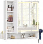 YITAHOME Vannitoa peegelkapp koos valgustusega, 3 uksega LED-vannitoa peegelkapp, pistikupesad, rippuv vannitoa kapp, seinakapp, vannitoa peegel, 70 W x 15 D x 75 H, valge