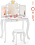 DREAMADE laste riietuslaud koos v&auml;ljaheitega ja sahtliga, printsessi riietuslaud kosmeetikalaud eemaldatava peegli ja kallutuskaitsega, puidust laste riietuslaud t&uuml;drukutele (valge koos valgustusega)