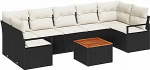 8-teiliges Garten Sofa Set mit Kissen Schwarz Poly Rattan Akazie, 2-Sitzer Garten Sofa mit Stauraum & Kissen Schwarz Poly Rattan Gartenlounge Model3356339