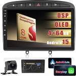 Autoraadio Peugeot 308/408 2007-2015, sisseehitatud 8-tuumaline 4+64GB Android 15 Qualcomm Snapdragon kiip, 9-tolline raadio traadita Carplay Android auto GPS WiFi RDS/FM tagurduskaamera mikrofoniga