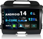 Android 14 - [6G+128G] - IPS autoraadio sobib Kia Sportage'ile (2010-2015) - Sisseehitatud traadita Carplay/Android Car/DSP - Kaamera + MIC - DAB SWC WiFi Fast Boot 360-kaamera 4G BT5.0-2 DIN 9-tolline