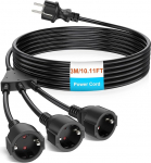 HITRENDS Kaitsekontaktide pikenduskaabel v&auml;listingimustes, AC Schuko plastkaabel 3-kohalise pistikupesaga, koduseks, kontoriks, v&auml;listingimustesse, IP44, 3 x 1,5 mm&sup2;, kuni 250 V/13 A, 3 m, must