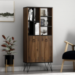 Homidea Milestone Bookcase with Metal Legs, Cabinet, Sideboard, Shelf with 2 Doors for Living Room, Kitchen, Hallway and Office in Rustic Design (Walnut/Black, Shelf)