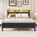 Diahomy King Size Bed Frame with LED Lights and Charging Station, Platform Bed Frame with Storage Headboard/Mattress Foundation/Metal Slat Support/No Box Spring Required