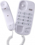 Juhtmega lauatelefon, seinale v&otilde;i lauale paigaldatav telefon, vaigistamine, paus, kordusvalimine, v&auml;lk, juhtmega telefon kodukontorisse, hotelli vannituppa, valge