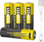 AA 3000 mWh USB laetavad akud, 4 komplekti, 2000 mAh Double A 1,5 V liitium USB-C Pila laetav aku koos 4 in 1 USB-A ja USB-C laadimiskaabliga, &uuml;le 1200 ts&uuml;kli.