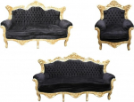 Casa-Padrino Baroque elutoa komplekt must/kuldne - 3-kohaline +2-kohaline diivan + 1 tool
