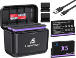 Homesuit Insta 360 X5 akupakett 2 2850 mAh ja kahe pesa LED laadija komplekt, mis &uuml;hildub Insta360 X5 tegevuskaamera tarvikutega Misro SD-kaardipesaga