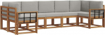 Outdoor-Sofa-Set, 7-teilige Gartenm&ouml;bel aus massivem Akazienholz, Modulares Lounge-Sofa f&uuml;r Garten und Terrasse, mit Polstern, Natur und Hellgrau, 304 x 128,5 x 73 cm.