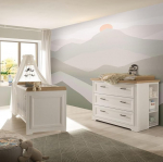 Baby Bed with Changing Table Convertible to Chest of Drawers Country House Style Pine White with Oak