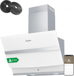 CIARRA A+++ ASW6736N Cooker Hood 60 cm Recirculation 650 m&sup3;/h App Touch Operation Headless Slant Hood Booster Dimmable LED Lighting CBCF003 Carbon Filter Stainless Steel Glass White