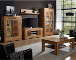 Living Furniture Set Living Wall Unit Wild Oak Solid Oiled Mounted 5-Piece Modern Highboard Wall Shelf Lowboard Display Cabinet Coffee Table with Lighting