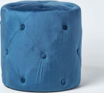 Homescapes Windsor Velvet Footstool Blue Ottoman with Button Stitching Round Decorative Stool Vintage Style 40cm High Dark Blue