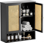 HITNET bambusest vannitoa kapp, rotangist vannitoa kapp, rippuv &uuml;le WC 2 ukse ja reguleeritavate riiulitega, v&auml;ikese ruumi jaoks, must