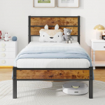 JUISSANO Single Bed 90 x 200 cm with Wooden Headboard, Bed Frame with Metal Slatted Frame, Single Bed, Bed Frame, Metal Bed, 90 x 200 cm with Storage Space, Robust and Stable Bed Frame, Brown