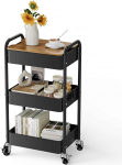 Shrivee 3-Tier Rolling Cart with Table Top, Serving Trolley, Metal Rolling Utility Trolley, Shelf on Wheels, Shelf, Organiser, Kitchen Shelf, Sturdy Utility Trolley for Kitchen, Bathroom, Office