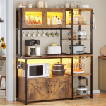 Itaar Baker's Rack with Socket and LED Light, 45.3 Inch Farmhouse Coffee Bar Cabinet, Kitchen Microwave Stand with Storage, Glass Cabinet, Goblet Holder and 8 Hooks (Rustic Brown)