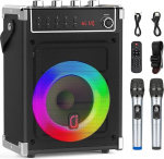 JYX Karaoke Machine with 2 UHF Wireless Microphones, Bluetooth Speaker with Bass/Treble Adjustment and LED Light, PA System Support TWS, AUX in, FM, Rec, Supply for Party/Adult/Children
