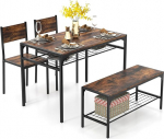 COSTWAY Dining Table Set 4 Pieces, Kitchen Table with 2 Chairs & 1 Bench & Shelf, Industrial Dining Room Table, Metal Frame, Bar Table Set for Kitchen & Dining Room (Coffee)