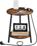 HOOBRO Side Table with Charging Station, Round Coffee Table with 2 Levels, Living Room Table, Bedside Table for Small Spaces, Sofa Table for Living Room, Bedroom, Vintage Brown and Black EBF67CBZ01