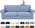 YEMYHOM Plaid 3 Piece Couch Covers for 2 Pillows, Couch, High Stretch Sofa Cover with 2 Extra Large Seat Cushion Covers, Non-Slip Elastic Slipcovers (Light Blue), 71"-92" (2 Pillows)