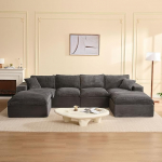 Modulaarne nurgadiivan ja diivanvoodi, 345 cm U-kujuline pilvepadi k&otilde;rgekvaliteedilise mugavusvahuga, kokkupanekuvaba, s&uuml;gav iste, Corduroy kangas, transformatsiooni diivan elutuppa, hall