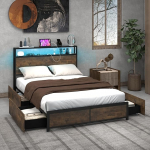 COSTWAY Bed with LED Lighting, Charging Station & 4 Drawers, Storage Bed with Headboard & Slatted Base, Industrial Bed Frame, Metal Bed, Double Bed, 200 x 140 cm