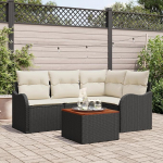 5-teiliges Garten Sofa Set mit Kissen in Schwarz, Poly Rattan und Akazie, 2-Sitzer Garten Sofa mit Stauraum & Kissen in Schwarz, Poly Rattan Gartenlounge Model3356115