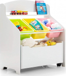 COSTWAY Children's Shelf with Rollable Compartment, Children's Bookcase, Toy Shelf with 3 Storage Boxes & Shelf, Toy Cabinet, Toy Organiser for Children's Room, Nursery (White)