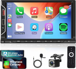 Traadita Apple Carplay autoraadio 2 DIN koos Android auto Bluetooth k&auml;ed-vabad komplektiga Mirror Link 7-tolline puuteekraaniga autoraadio Bluetooth FM raadio USB/TF/AUX roolijuhtimine + tagurduskaamera