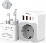 TESSAN Adapter Inglismaa Saksamaa pistik, kokkupandav 5 in 1 reisiadapter G-t&uuml;&uuml;pi 2 USB C ja 2 USB A, v&auml;ike kokkupandav disain, pistikupesa adapter Londoni Malta Iirimaa Dubai, &Uuml;hendkuningriigi adapter EL-ile.