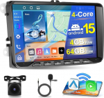 4+64G Motorsi autoraadio VW Seat Passat Golf 5 6 Polo Skoda koos Apple Carplay Android autoga, 9-tolline stereoraadio Android 15.0 raadio GPS/WLAN/Bluetooth 5.0/EQ/FM/RDS, AHD tagurduskaameraga
