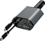 4-in-1 sigaretis&uuml;&uuml;taja, 120 W sisset&otilde;mmatav autolaadija, kiirlaadija, USB, autolaadija koos kaablirulliga ja LED-ekraaniga, &uuml;hildub iPhone 16/17/15/14/13, Samsung, Huawei'ga