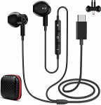 Juhtmega USB C k&otilde;rvaklapid Samsung Galaxy S25 S24 A16 A26, magnetilised juhtmega USB C k&otilde;rvaklapid mikrofoni ja helitugevuse regulaatoriga Realme GT 7/iPhone 17 16e Pixel 9 10, mustad