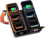 Topeltlaadimisjaam iPhone 17/Air/16/15/14/13/12, juhtmeta laadimisjaam induktiivne laadimisjaam Apple Watch 11/10/9/8/Ultra 3/SE 3 & AirPods 4/Pro 3, juhtmeta laadimisjaam 2 iPhone'ile, SwanScout