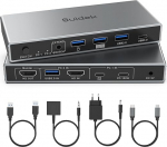 USB-C+HDMI KVM l&uuml;liti 2 in 1 Out 4K@60Hz alumiiniumist USB 3.0 pordiga 1 s&uuml;learvuti ja 1 lauaarvuti jaoks, mis jagavad 1 monitori, klaviatuuri, hiire ja printeri, koos USB-kaabli/kontrolleriga