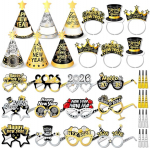DPKOW aastavahetuse kaunistus 2025, 36 t&uuml;kki Happy New Year Headband aastavahetuse pidu M&uuml;tsid prillid, aastavahetuse peakate Fringe Blower, must kuld h&otilde;bedane aastavahetuse peo aksessuaarid