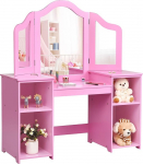 DREAMADE 2-in-1 laste riietuslaud eemaldatava peegliga, printsessi puidust riietuslaud 4 avatud hoiukambriga, laste riietuslaud lastele t&uuml;drukutele (roosa, ilma karbita &