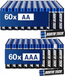 North Tech Ultra Alkaline Battery Set I 60 tk AA + 60 tk AAA patareid 1,5 V I 10 aastat s&auml;ilivusaega I patareiraadio, puldi, taskulambi ja m&auml;nguasja lastele