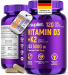 Vitamiinid D3 + K2 5000 IU - 120 vegan kapslit - 98% Trans K2 - MK7 - k&otilde;rge annusega D-vitamiinid naistele ja meestele - luude, s&uuml;dame ja tervise jaoks - GMO-vaba, gluteenivaba