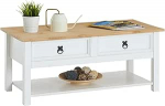 IDIMEX Tequila kohvilaud, ilus k&uuml;ljelaud 2 sahtliga, elutoa laud maamaja stiilis, elegantne diivanilaud riiuliga valge/pruunis toonis