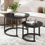 HOMERECOMMEND &Uuml;mmargune kohvilaud, 2 tk, puidust kohvilaud, kaasaegne metallist raamiga k&uuml;ljelaua komplekt elutuppa, r&otilde;dule, must