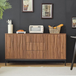 Sideboard, 150 cm, tumedast tammist, 3 sahtlit, Suur Sideboard, k&ouml;&ouml;gikapp, &uuml;heosaline s&uuml;vendiga, Mid Century modernne dekoratiivne kapp k&ouml;&ouml;ki, elutuppa, esikusse, koridori.
