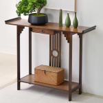 Retro-Eingangstisch aus Walnussholz, Bambus, mit Aufbewahrungsschr&auml;nken und offenem Regal, japanischer Stil, Konsolen-Sofatisch, Holzschnitzereien, stilvolle Heimdekoration f&uuml;r die Organisation