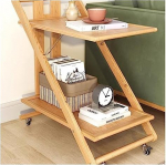 Kaasaegne 2-tasandiline puidust ratastega rullik&auml;ru, kaasaskantav kokkupandav mobiilne k&uuml;lglaud ruumi s&auml;&auml;stmiseks kontoris, kodus, k&ouml;&ouml;gis hoiustamiseks