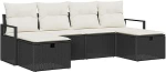 6-teiliges Garten-Sofa-Set mit Kissen Schwarz Poly Rattan, 2-Sitzer Garten-Sofa mit Stauraum & Kissen Schwarz Poly Rattan Gartenlounge Model3360548