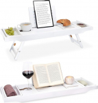 Navaris Bamboo Bathtub Shelf, Breakfast Tray, Extendable, Book Shelf, Wine Glass Holder, Tray for Bathtub and Bed, Made of Wood in White