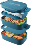Bento Lunch Box Stackable, 1400 ml konteiner 4 sektsiooniga ja s&ouml;&ouml;giriistad, lekkekindlad 2-kihilised karbid, t&auml;iskasvanutele, lastele, kontorile, mikrolaineahjus n&otilde;udepesumasinas ohutu (Pure Blue)