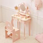 OOOK Kids Dressing Table with Lights, Princess Makeup Desk with Open Bookshelf, Storage Cabinet and Shelves, 2 in 1 Toddler Dressing Table