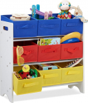 Relaxdays Children&rsquo;s Storage Shelf with 9 Removable Boxes with Handles, Toy Organiser, MDF, HxWxD: 62x63x28cm, White/Colourful, Standard